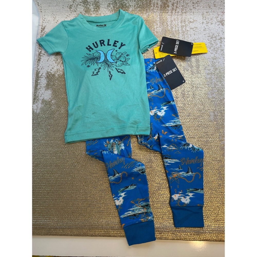 HURLEY Green/Blue Toddler Boys Soft Tropical Vacation 2-Piece Pajama Set NWT 3T